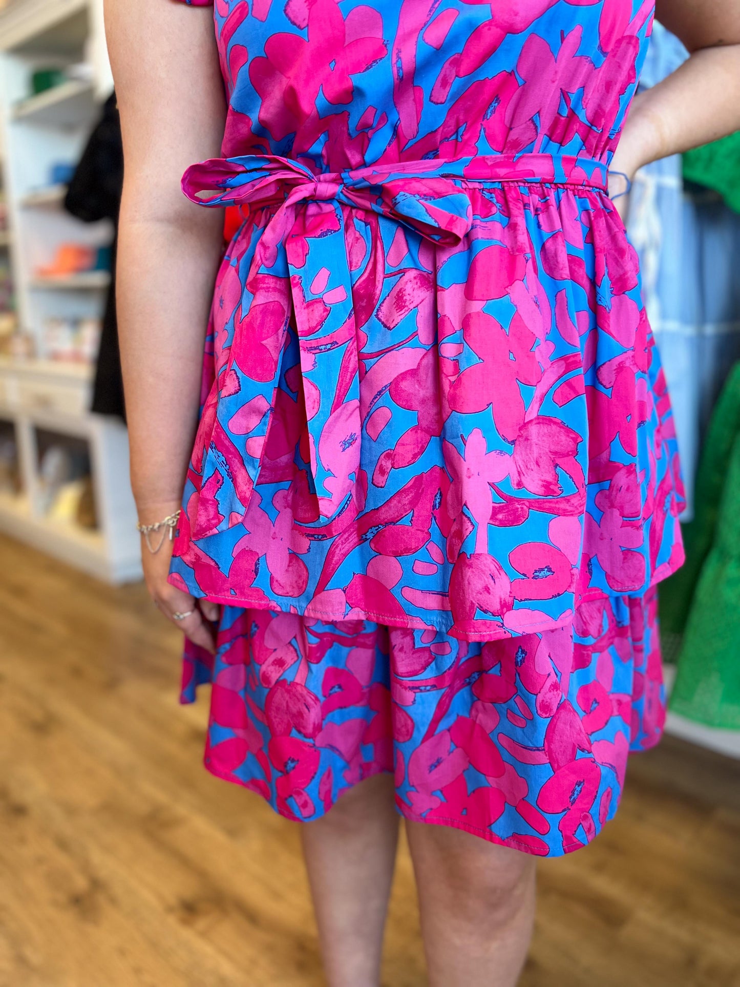"Berry Bliss" Pink and Blue Belted Mini Dress