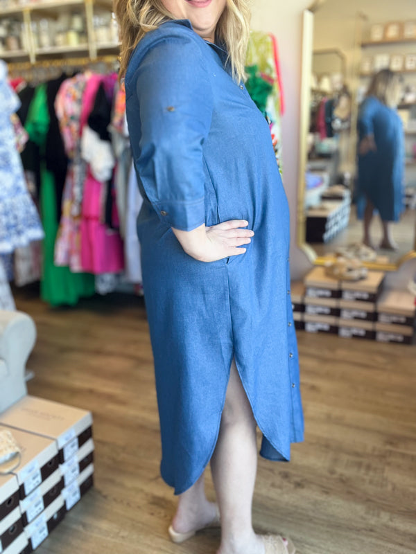 "Big For Your Britches" 3/4 Sleeve Denim Midi Dress