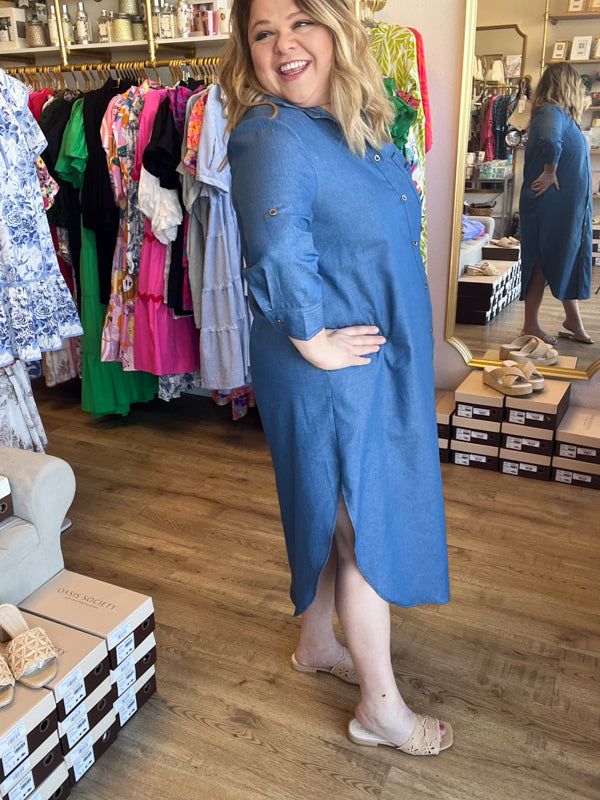 "Big For Your Britches" 3/4 Sleeve Denim Midi Dress