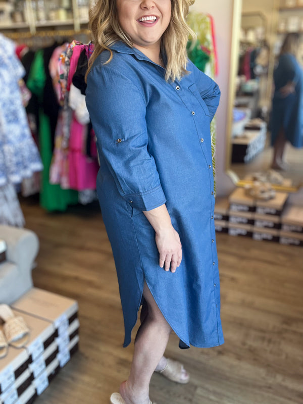 "Big For Your Britches" 3/4 Sleeve Denim Midi Dress