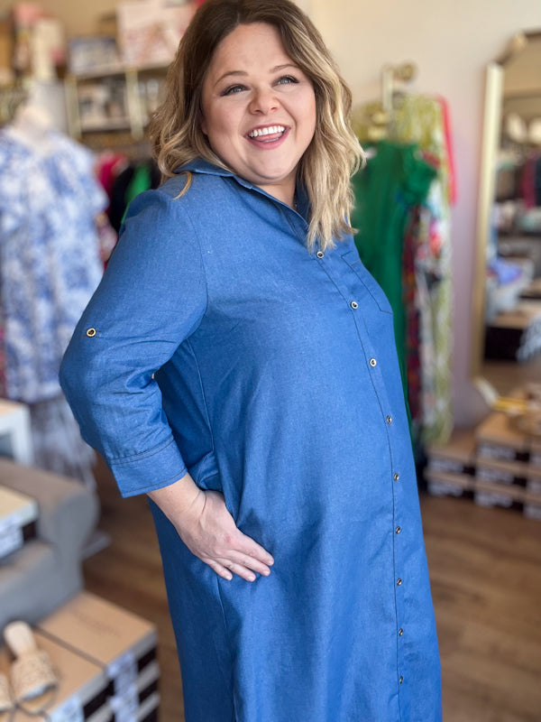 "Big For Your Britches" 3/4 Sleeve Denim Midi Dress