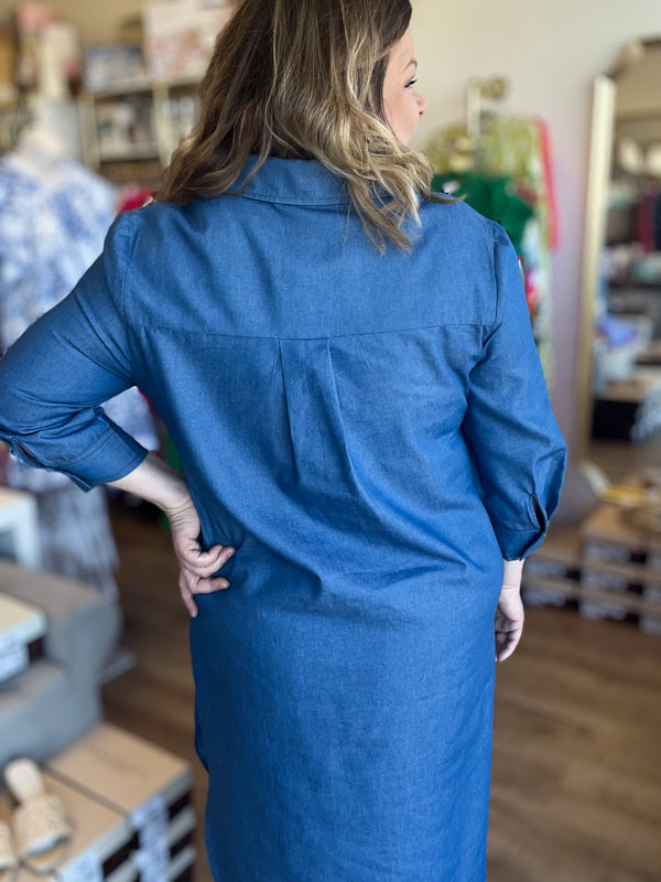 "Big For Your Britches" 3/4 Sleeve Denim Midi Dress
