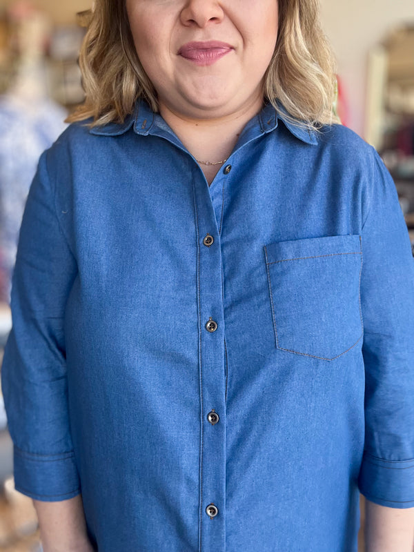 "Big For Your Britches" 3/4 Sleeve Denim Midi Dress