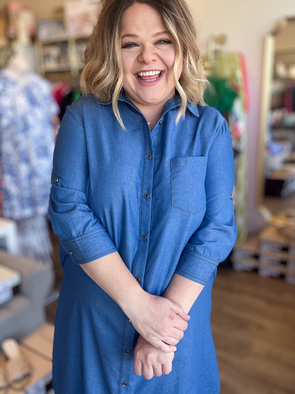 "Big For Your Britches" 3/4 Sleeve Denim Midi Dress