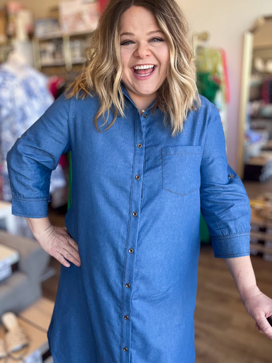 "Big For Your Britches" 3/4 Sleeve Denim Midi Dress