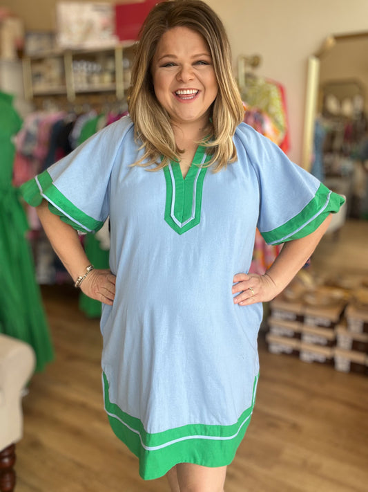 "Blue Raspberry & Pistachio" Curvy Chambray Dress with Green Trim