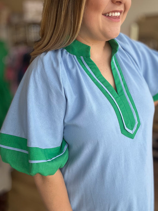 "Blue Raspberry & Pistachio" Curvy Chambray Dress with Green Trim