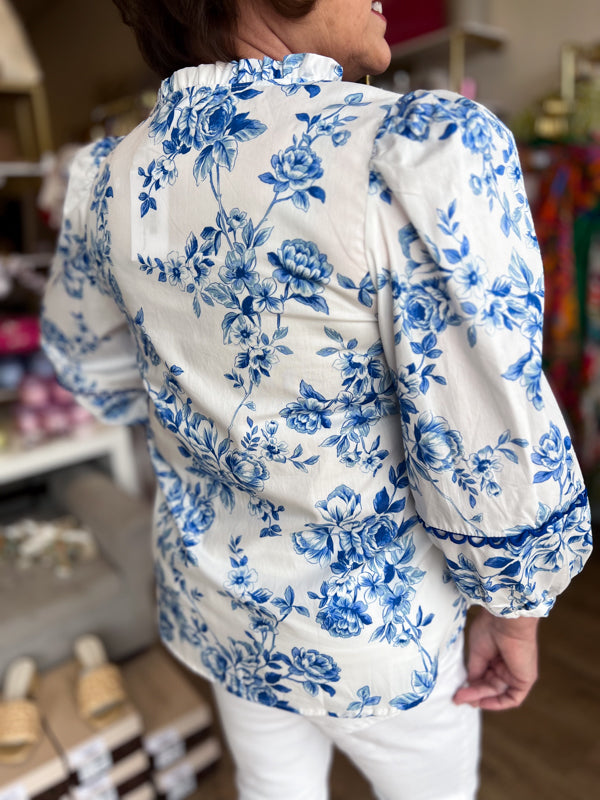 "Bold in Bloom" Blue & White Floral 3/4 Sleeve Top