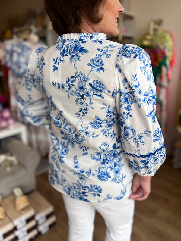 "Bold in Bloom" Blue & White Floral 3/4 Sleeve Top