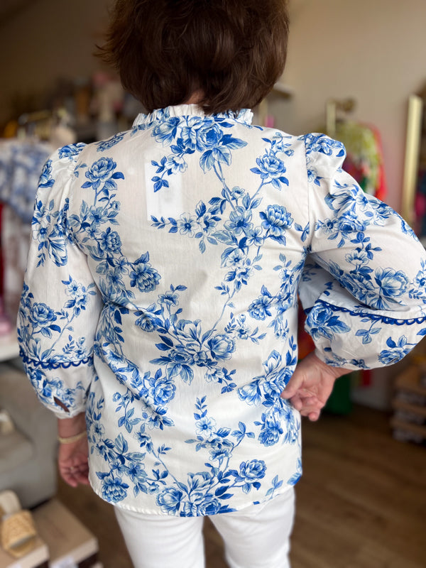 "Bold in Bloom" Blue & White Floral 3/4 Sleeve Top