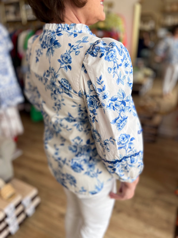 "Bold in Bloom" Blue & White Floral 3/4 Sleeve Top