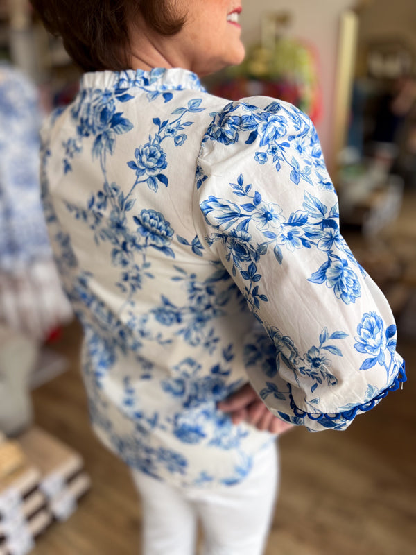 "Bold in Bloom" Blue & White Floral 3/4 Sleeve Top