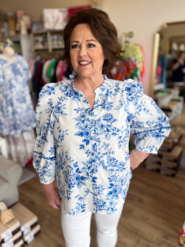 "Bold in Bloom" Blue & White Floral 3/4 Sleeve Top
