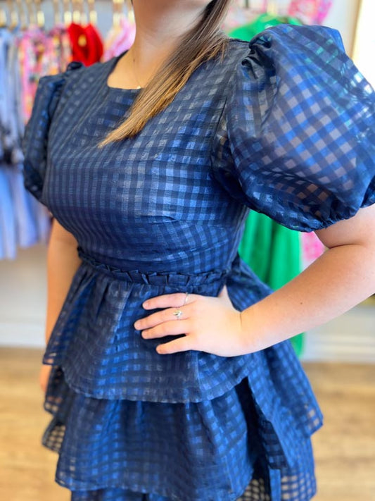 "Bubbly in Blue" Navy Organza Puff Sleeve Tiered Dress - FINAL SALE