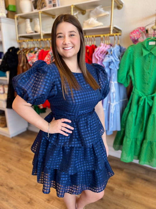 "Bubbly in Blue" Navy Organza Puff Sleeve Tiered Dress - FINAL SALE