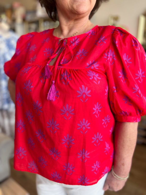 "Charming Carmine" Pink & Berry Floral Split Neck Top