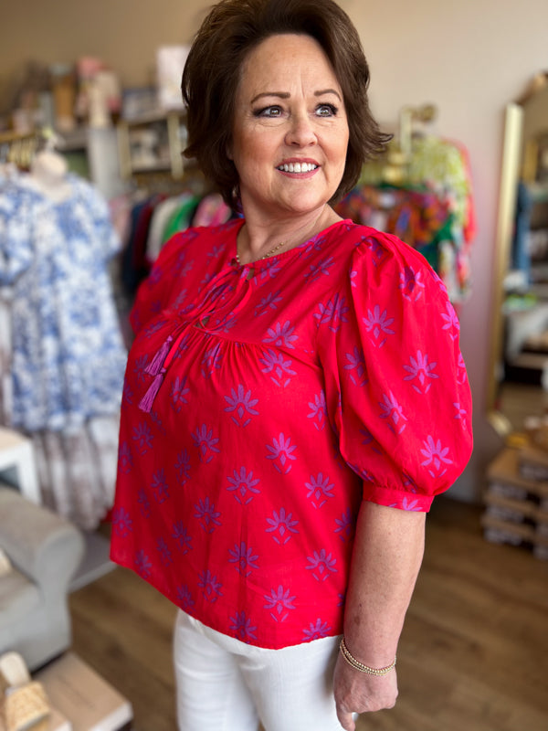 "Charming Carmine" Pink & Berry Floral Split Neck Top