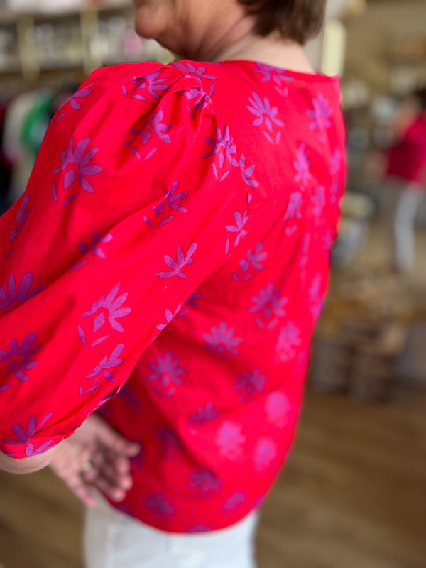 "Charming Carmine" Pink & Berry Floral Split Neck Top