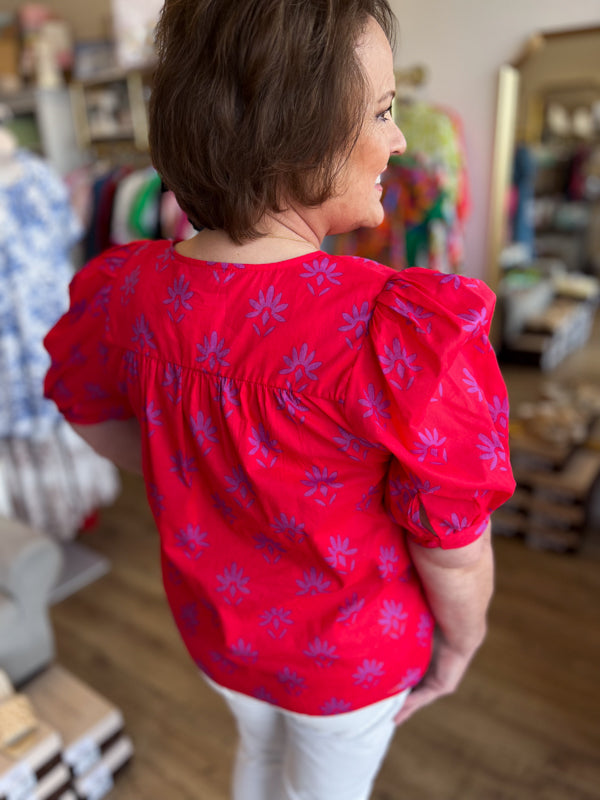 "Charming Carmine" Pink & Berry Floral Split Neck Top
