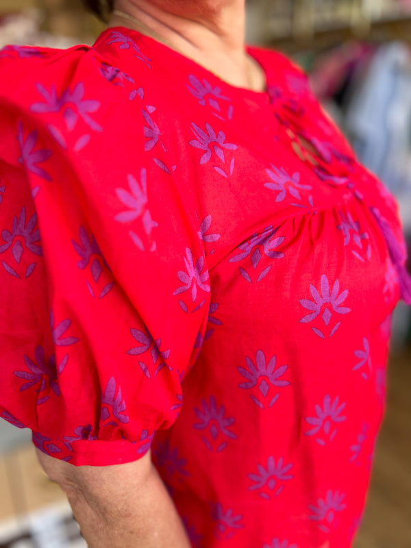 "Charming Carmine" Pink & Berry Floral Split Neck Top