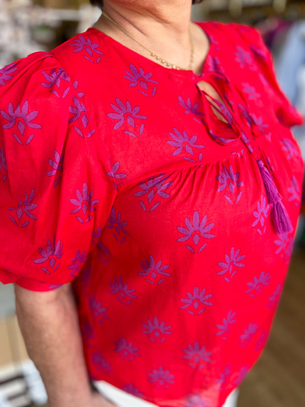 "Charming Carmine" Pink & Berry Floral Split Neck Top