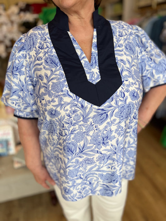 "Charming Charlotte" Curvy Navy Floral Top with Navy Trim
