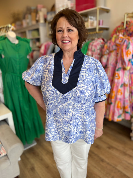 "Charming Charlotte" Curvy Navy Floral Top with Navy Trim