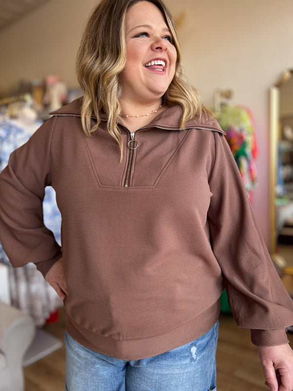 "Cozy CoCo" Curvy Mocha Long Sleeve Half-Zip Top