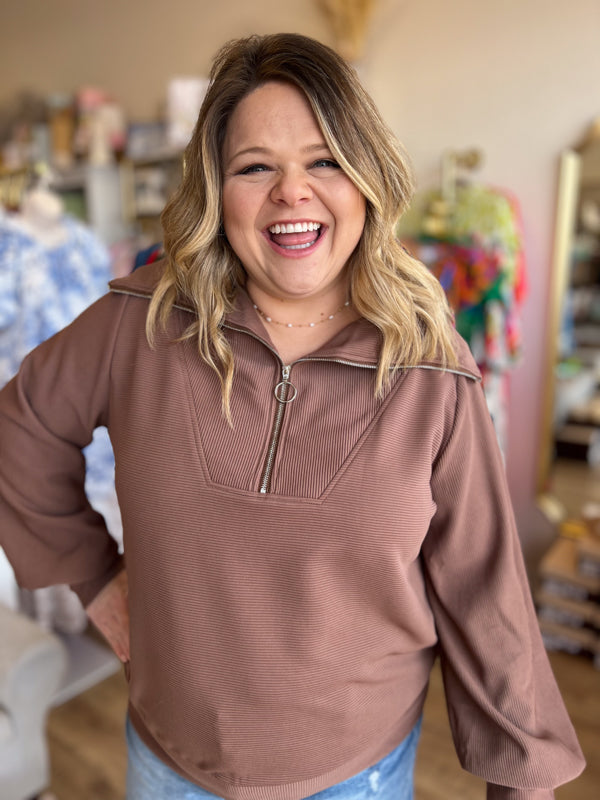 "Cozy CoCo" Curvy Mocha Long Sleeve Half-Zip Top