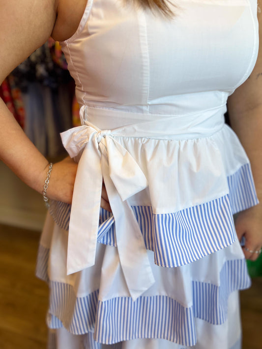 "Derby Days" White and Blue Stripe Ruffle Midi Dress - FINAL SALE