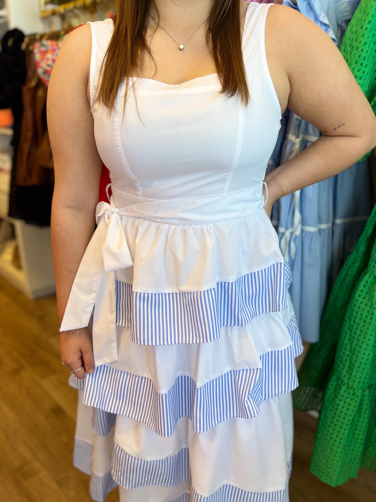 "Derby Days" White and Blue Stripe Ruffle Midi Dress - FINAL SALE