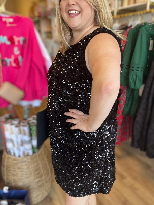 "Party Like it’s 2025" Curvy Sequin Tie Back Black Dress