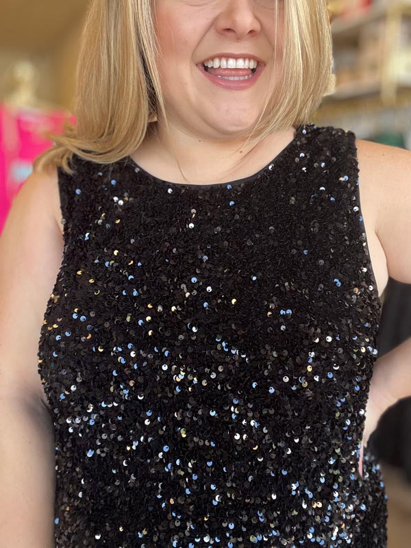 "Party Like it’s 2025" Curvy Sequin Tie Back Black Dress