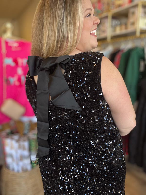 "Party Like it’s 2025" Curvy Sequin Tie Back Black Dress
