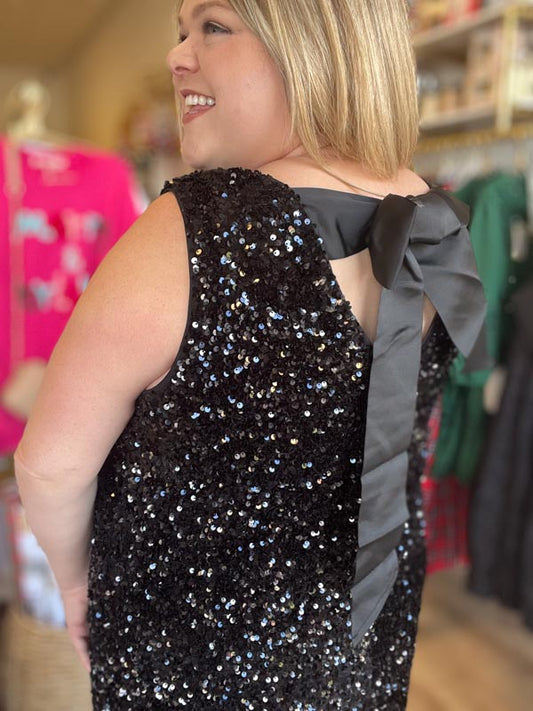 "Party Like it’s 2025" Curvy Sequin Tie Back Black Dress