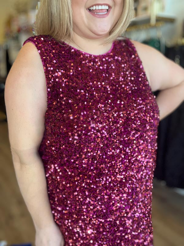 "Party Like it’s 2025" Curvy Wine Sequin Tie Back Dress