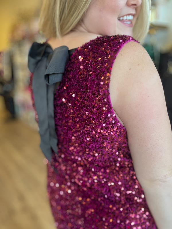 "Party Like it’s 2025" Curvy Wine Sequin Tie Back Dress