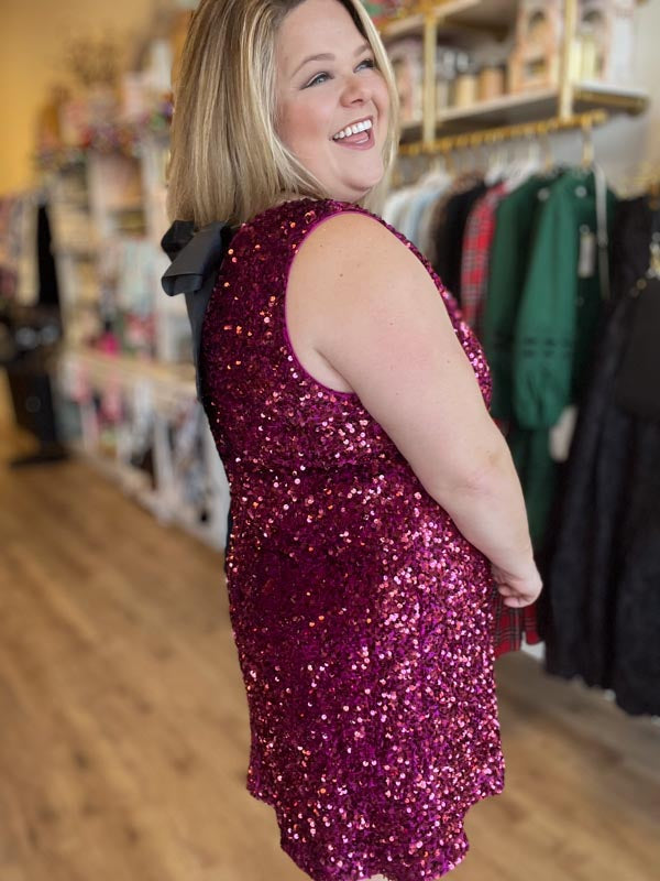 "Party Like it’s 2025" Curvy Wine Sequin Tie Back Dress