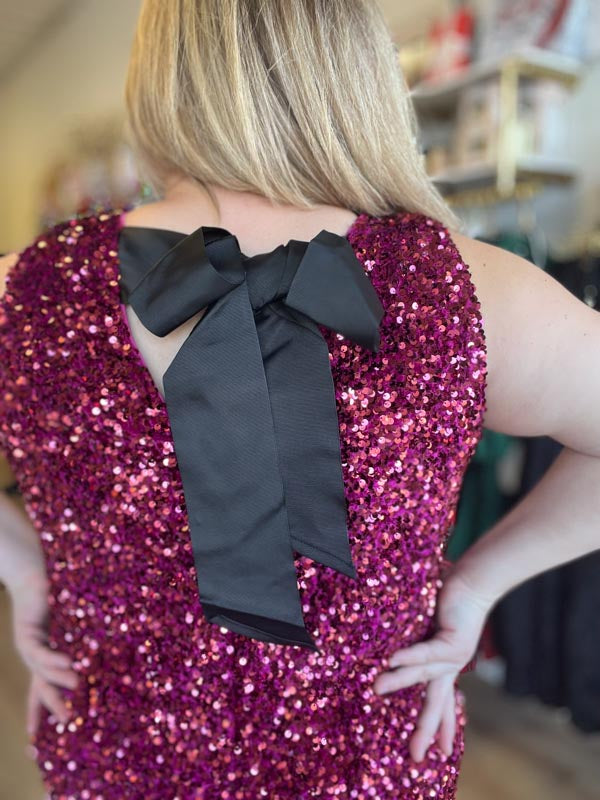 "Party Like it’s 2025" Curvy Wine Sequin Tie Back Dress