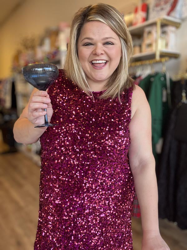 "Party Like it’s 2025" Curvy Wine Sequin Tie Back Dress