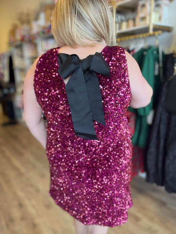 "Party Like it’s 2025" Curvy Wine Sequin Tie Back Dress