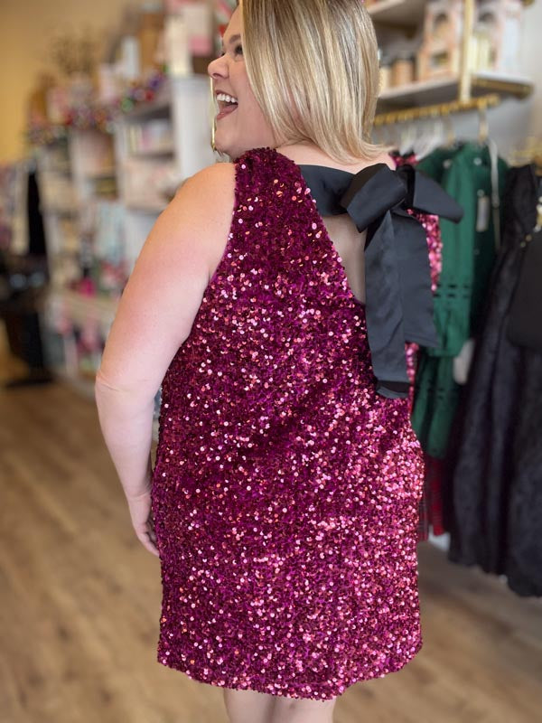 "Party Like it’s 2025" Curvy Wine Sequin Tie Back Dress