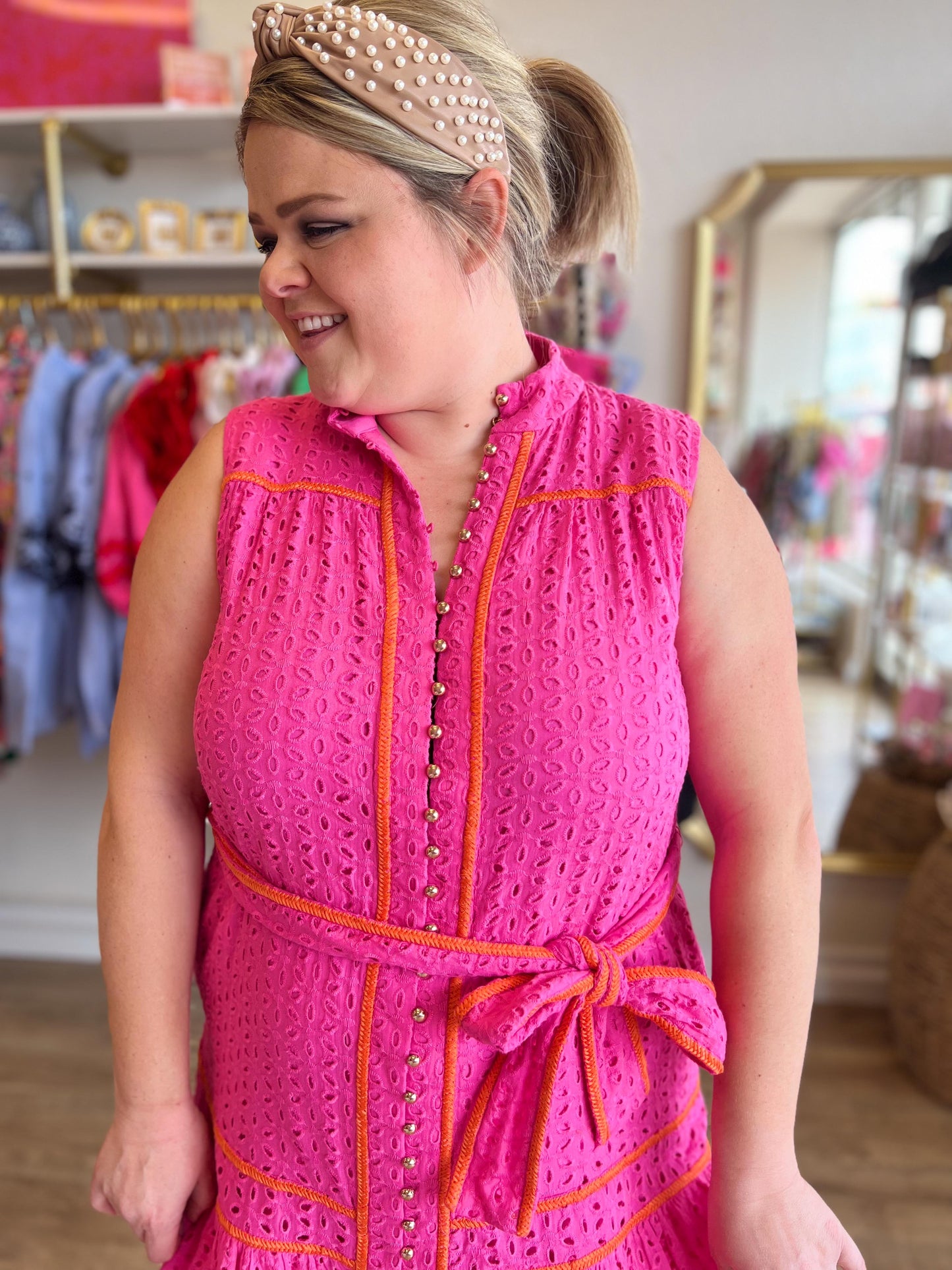 "Elegant Eyelet" Pink and Orange Button Detail Dress