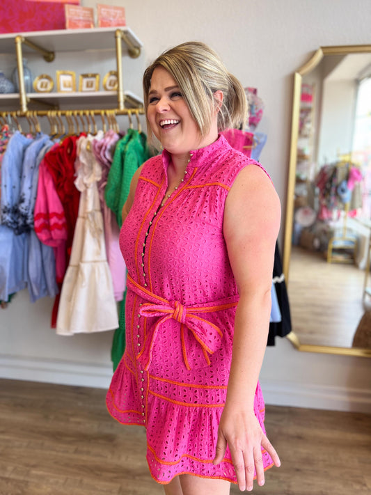 "Elegant Eyelet" Pink and Orange Button Detail Dress - FINAL SALE