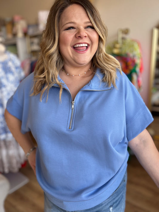 "Everyday America" Curvy Periwinkle Half-Zip Top