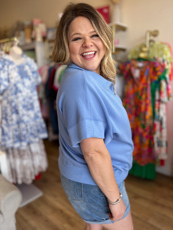 "Everyday America" Curvy Periwinkle Half-Zip Top