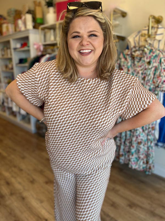 "Feels Like Fall" Plus-Size Camel Checkered Pants Set