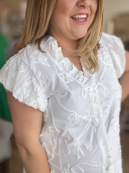 "French Vanilla" Curvy White Jacquard Top