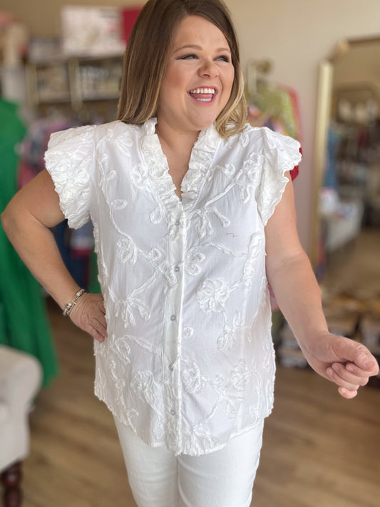 "French Vanilla" Curvy White Jacquard Top