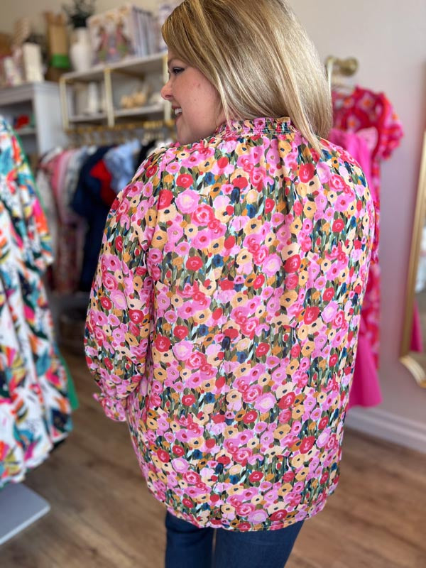 RESTOCKED! "Frilly Florals" Curvy 3/4 Sleeve Button-Down Top
